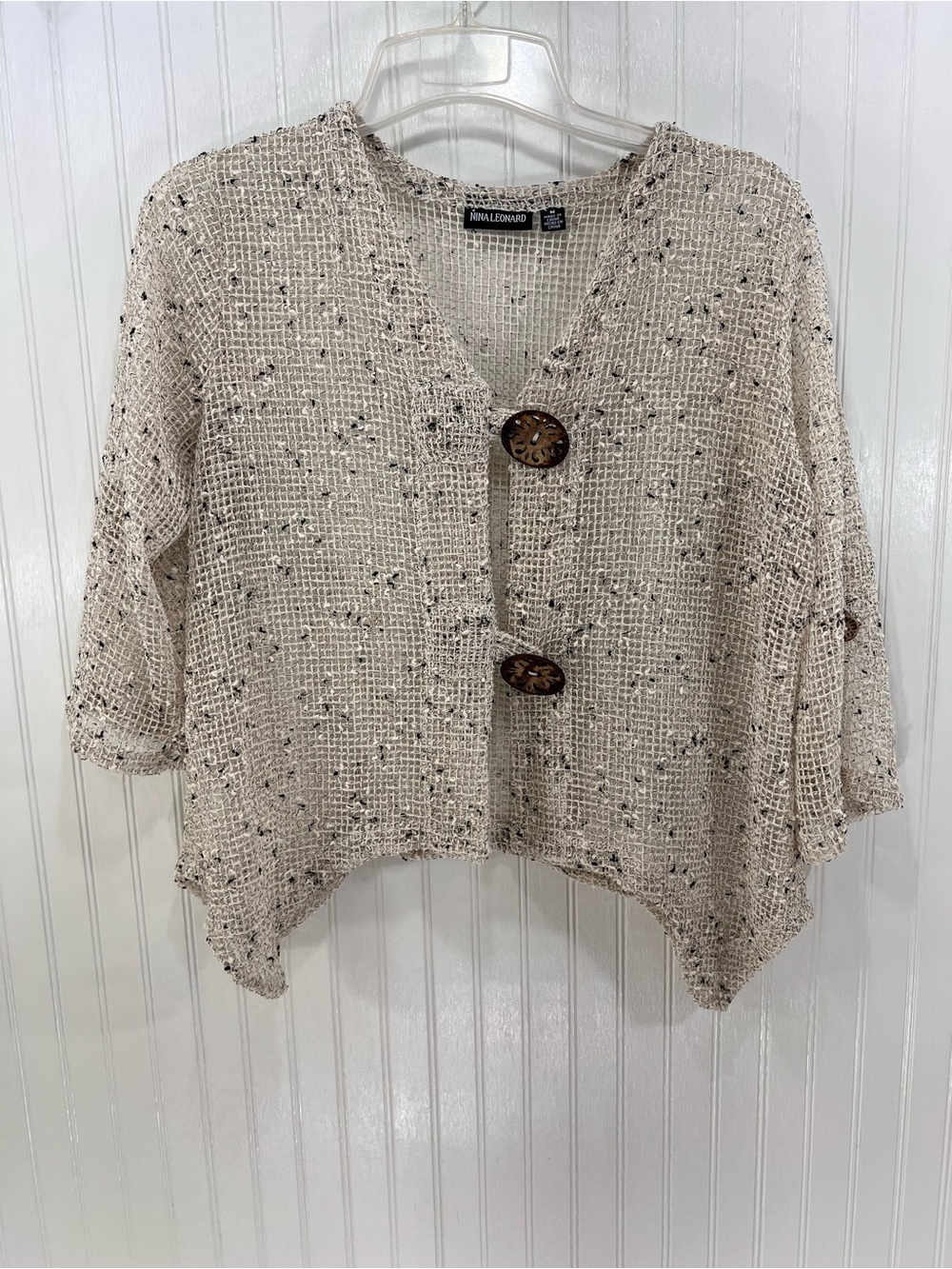 Nina Leonard Open Knit Boho Cardigan M Handkerchief Hem Boxy Beige